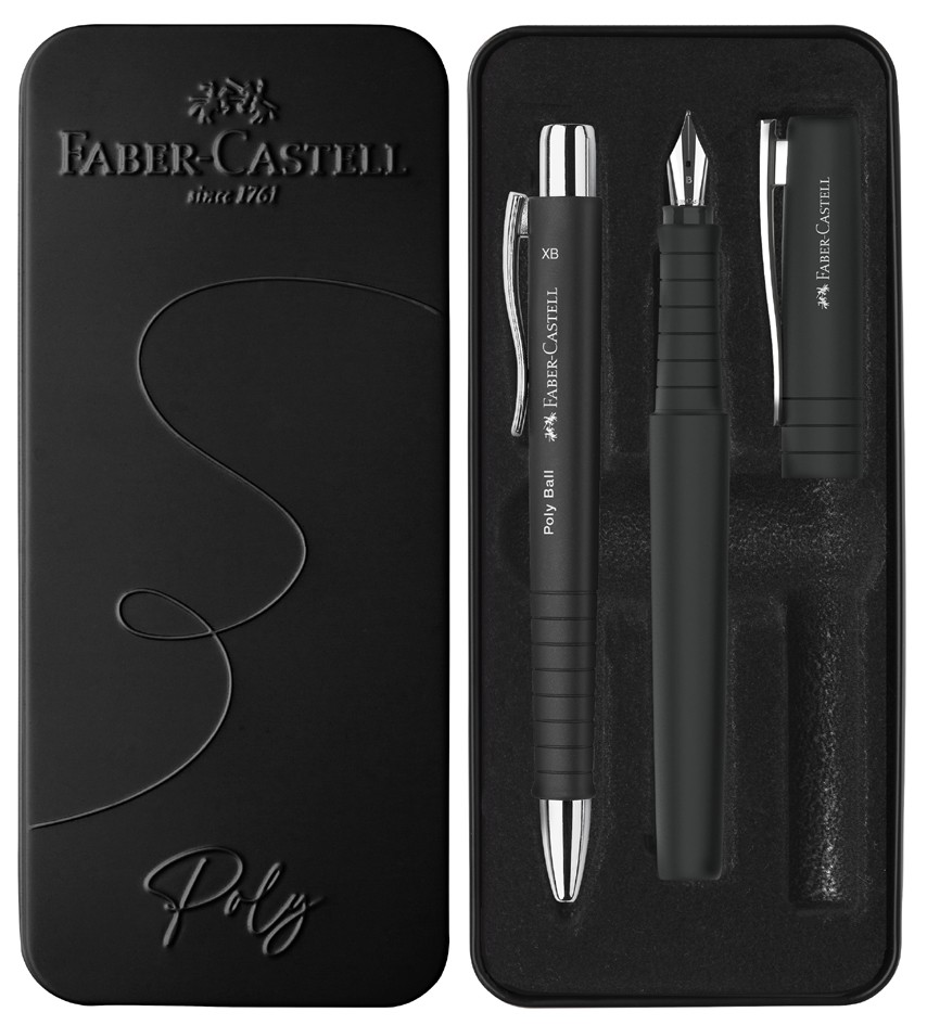 Faber-Castell Poly Pack de Boligrafo Poly Ball y Pluma Estilografica Poly Pen con Plumin B - Clip de Metal - Color Negro