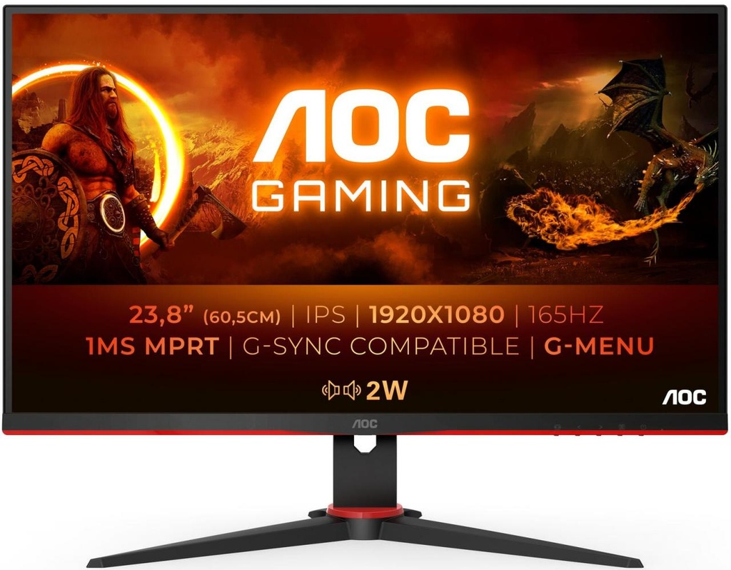 AOC 24G2SPAE/BK Monitor 23,8" WLED IPS FullHD 165Hz - Respuesta 1ms - Angulo de Vision 178° AMD FreeSync - Altavoces Incorporados - HDMI, DisplayPort, Audio - Montaje VESA 100x100