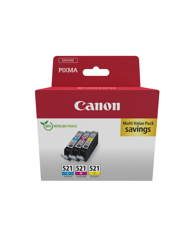 Canon CLI521 Pack de 3 Cartuchos de Tinta Originales - Cian, Magenta, Amarillo - 2934B015/2934B010