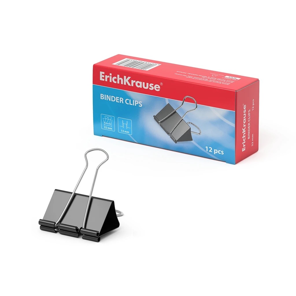 Erichkrause Pack de 12 Pinzas para Papeles 32mm - Capacidad hasta 145 Hojas - Resistente a la Corrosion - Alta Resistencia - Color Negro