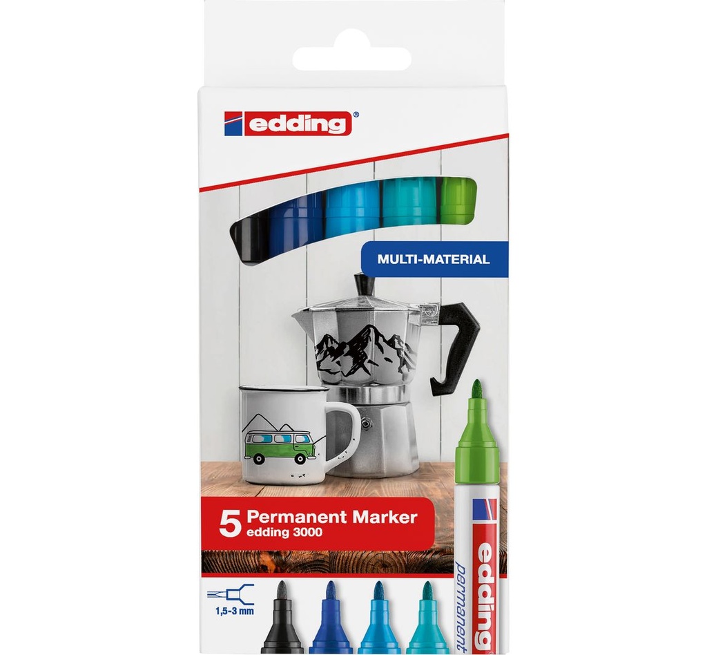 Edding 3000 Pack de 5 Rotuladores Permanentes Colores Frios - Punta Redonda de 1.5mm - Trazo entre 1.5 y 3mm - Recargable - Secado Rapido - Colores Surtidos