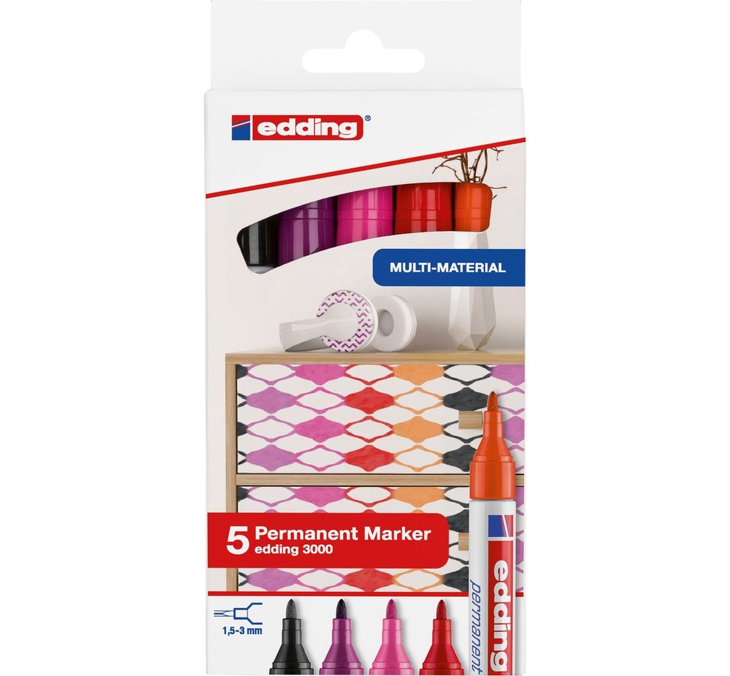 Edding 3000 Pack de 5 Rotuladores Permanentes Colores Calidos - Punta Redonda de 1.5mm - Trazo entre 1.5 y 3mm - Recargable - Secado Rapido - Colores Surtidos