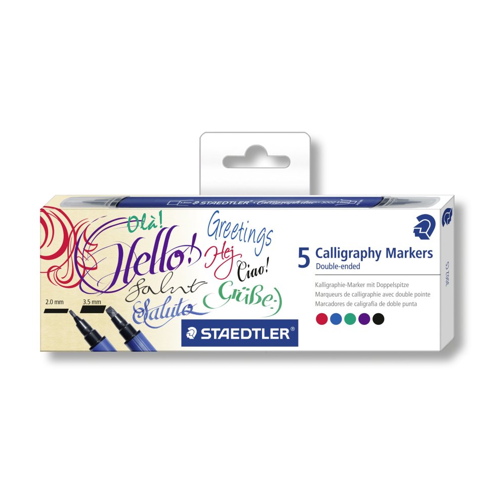 Staedtler 3002 Pack de 5 Rotuladores de Doble Punta para Caligrafia - Tinta Base de Agua - Colores Surtidos
