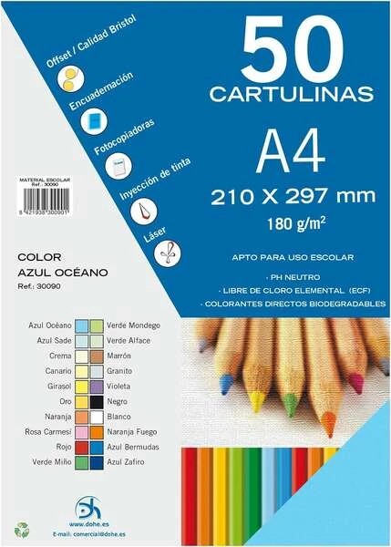 Dohe Pack de 50 Cartulinas A4 de 180gr - Con PH Neutro - Libres de Cloro Elemental - Color Azul Oceano
