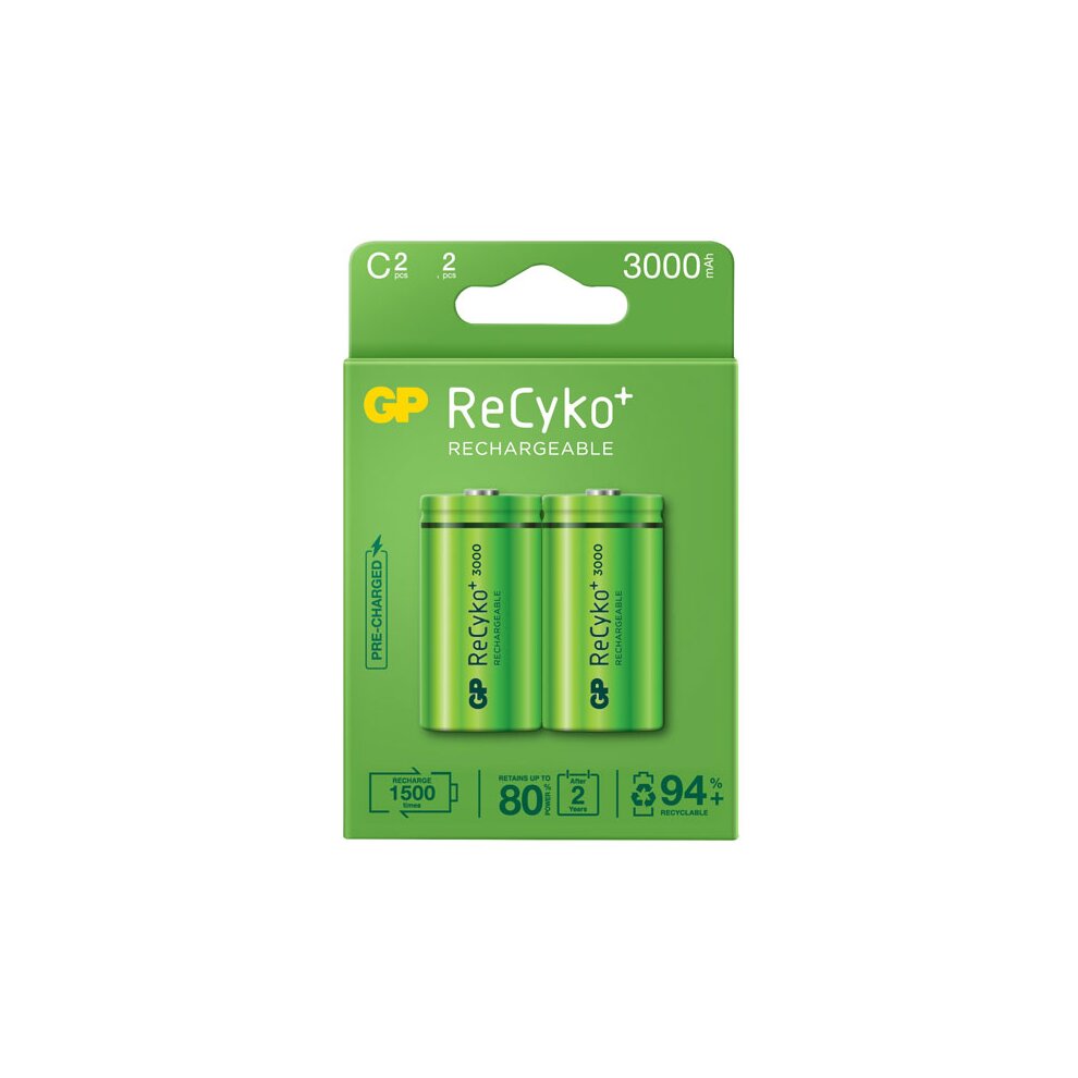 GP ReCyko Pack de 2 Pilas Recargables 3000mAh C 1.2V - Precargadas - Ciclo de Vida: Hasta 1000 Veces