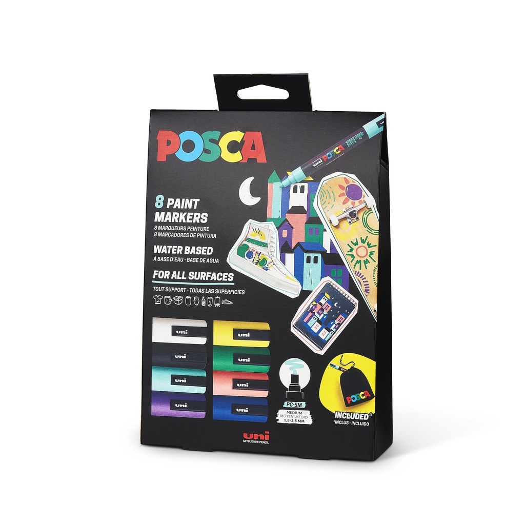 Posca Edicion Limitada Pack de 8 Marcadores de Pintura PC5M + Regalo Bolsa de Tela - Punta Redondeada 1.8-2.5mm - Tinta Base al Agua - Colores Surtidos