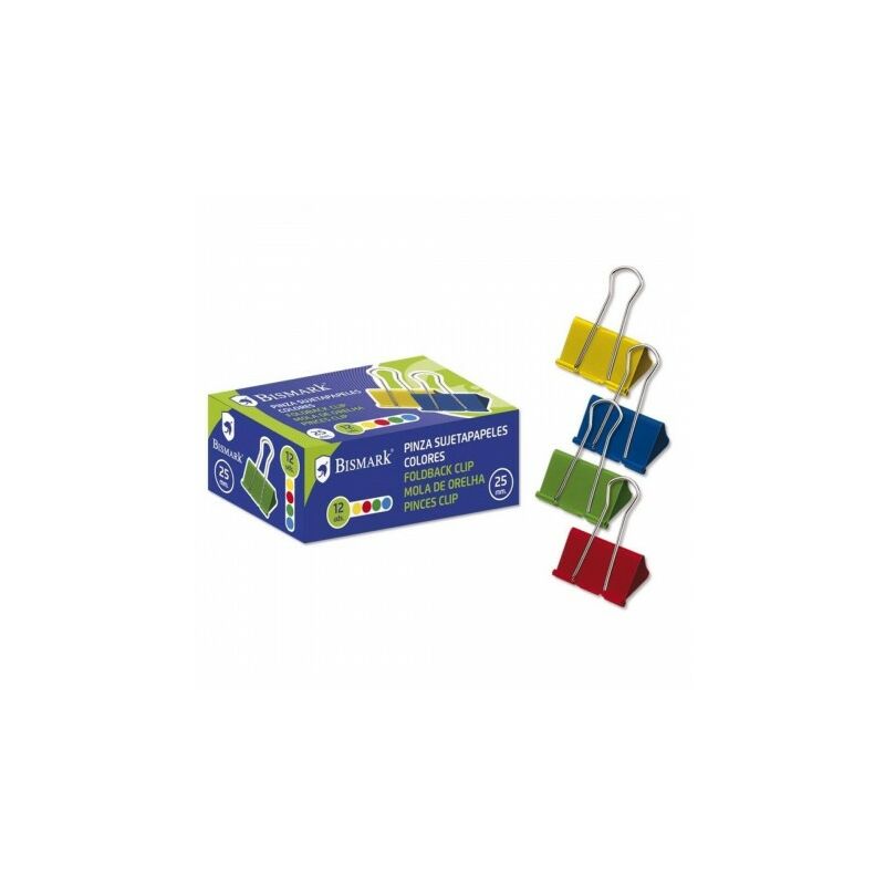 Bismark Pack de 12 Pinzas Sujetapapeles Metalicas de 25mm - Pala Abatible - Colores Surtidos