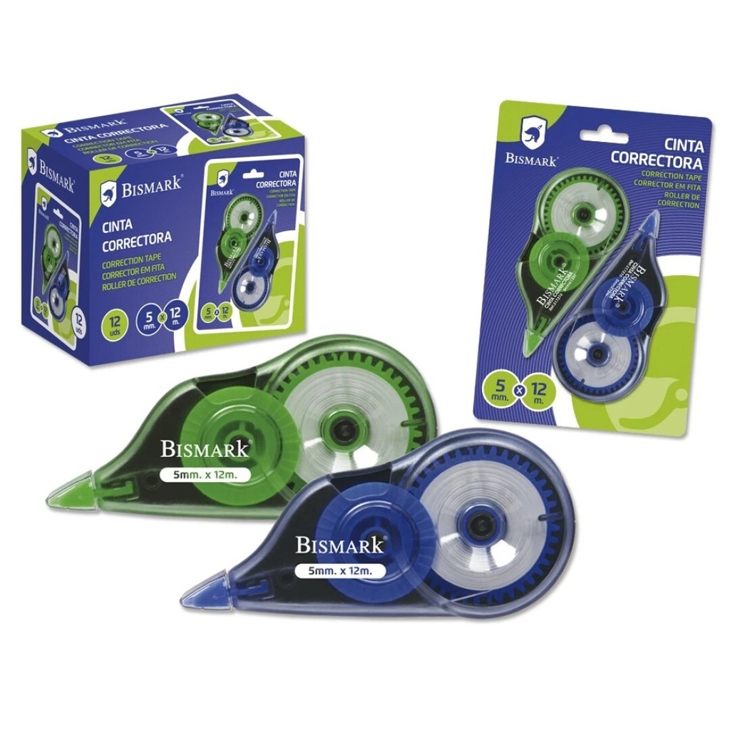 Bismark Pack de 2 Cintas Correctoras 5mm x 12m - Cuerpo Transparente - Forma Ergonomica