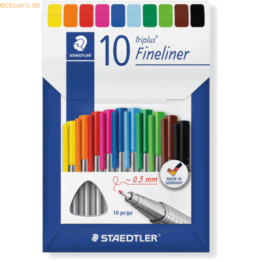 Staedtler Triplus Fineliner 334 Pack de 10 Rotuladores de Punta Fina en Envase de Carton - Trazo de 0.3mm Aprox - Diseño Ergonomico - Tinta Base de Agua - Colores Surtidos