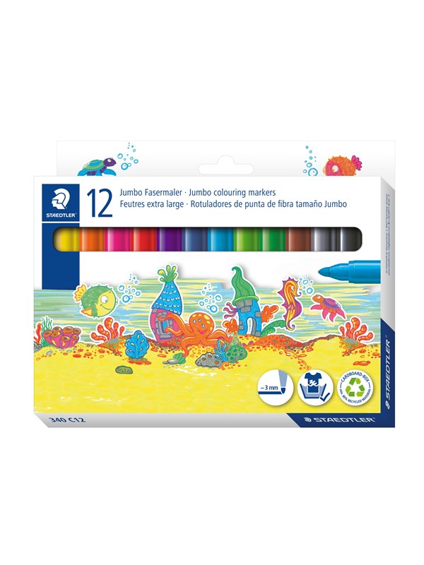 Staedtler Noris Jumbo 340 Pack de 12 Rotuladores Jumbo - Punta de Fibra - Trazo 3mm - Lavable Facilmente - Tinta Base de Agua - Tapa Ventilada - Colores Surtidos