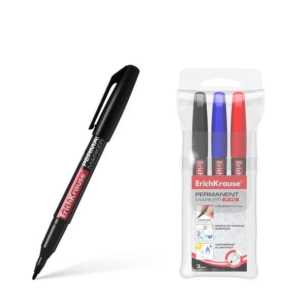 Erichkrause Pack de 3 Marcadores Permanente P-70 - Punta de Bala de 1.0mm - Resistente al Agua y a La Luz - Negro, Azul, Rojo (Pouch 3 Pcs.)