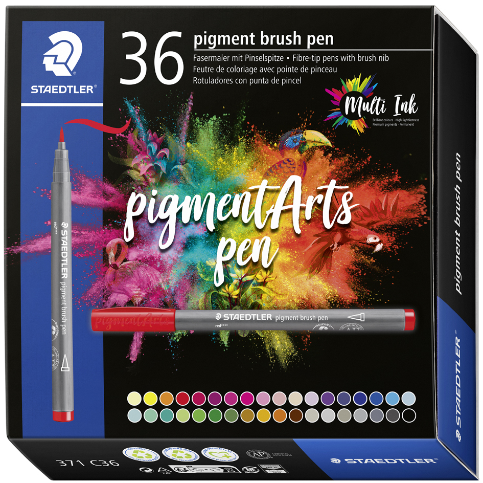 Staedtler 371 Pack de 36 Rotuladores Punta de Pincel Suave - Colores Vivos y Brillantes - No Amarillea con el Paso del Tiempo - Nueva Tinta Multi Ink - Pigmentos de Primera Calidad - Colores Surtidos