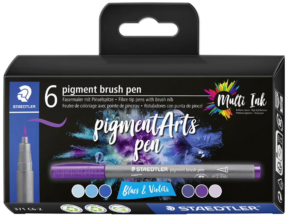 Staedtler 371 Pack de 6 Rotuladores Punta de Pincel Suave - Colores Vivos y Brillantes - No Amarillea con el Paso del Tiempo - Nueva Tinta Multi Ink - Pigmentos de Primera Calidad - Colores Azules/Violetas Surtidos