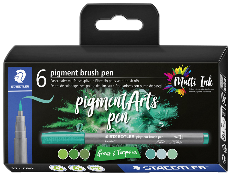 Staedtler 371 Pack de 6 Rotuladores Punta de Pincel Suave - Colores Vivos y Brillantes - No Amarillea con el Paso del Tiempo - Nueva Tinta Multi Ink - Pigmentos de Primera Calidad - Colores Verdes/Turquesas Surtidos