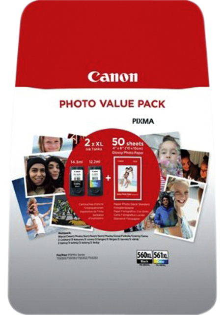 Canon PG560XL Negro + CL561XL Color Pack de 2 Cartuchos de Tinta Originales - 50 Hojas de Papel Fotografico - 3712C008/3712C004