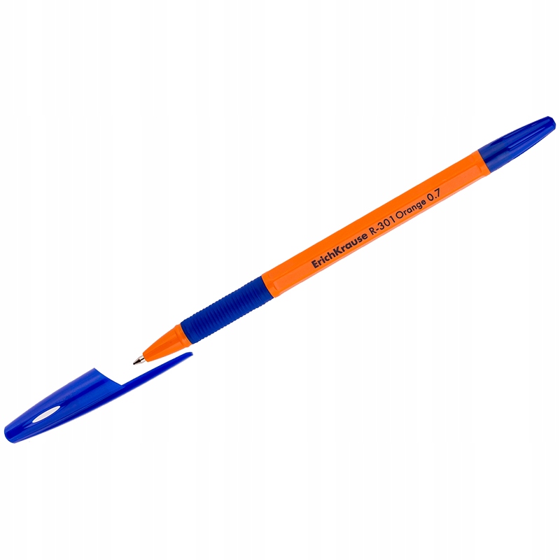 Erichkrause Boligrafo R-301 Stick&Grip - Cuerpo Hexagonal Naranja - Punta de 0.7mm - Tinta de Secado Rapido - Color Azul