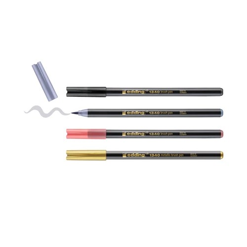 Edding 1340 Brush Pack de 4 Rotuladores - Punta Pincel Flexible - Trazo 1-3mm - Tinta con Base de Agua - Colores Oro, Negro, Gris y Albaricoque