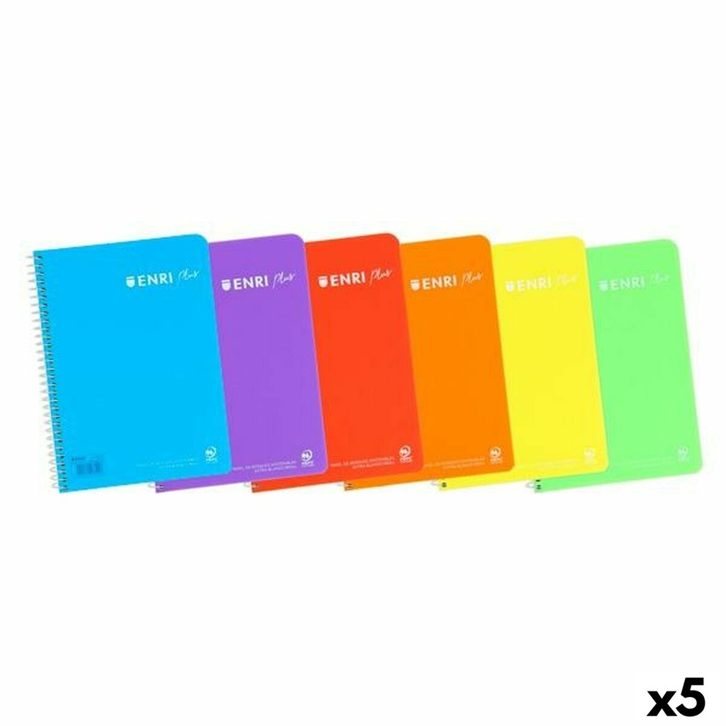Enri Plus Cuaderno Espiral Formato Folio Pautado 3.5mm - 80 Hojas 90gr con Margen - Cubierta de Plastico - Colores Surtidos