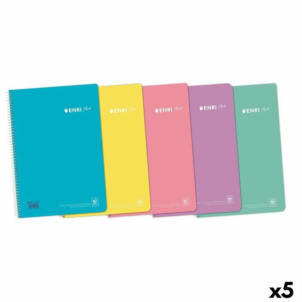 Enri Plus Cuaderno Espiral Formato Folio Cuadriculado 4x4mm - 80 Hojas 90gr con Margen - Cubierta de Plastico - Colores Pastel Surtidos