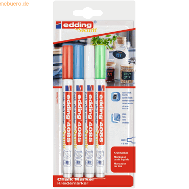 Edding 4085 Basicos Pack de 4 Rotuladores de Tiza Liquida - Punta Redonda - Trazo 1-3mm - Olor Neutro - Colores Blanco, Azul, Verde y Rojo