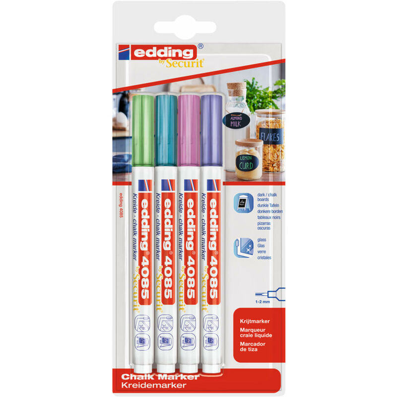 Edding 4085 Metalicos Pack de 4 Rotuladores de Tiza Liquida - Punta Redonda - Trazo 1-3mm - Olor Neutro - Colores Azul, Verde, Violeta y Rosa Metalicos