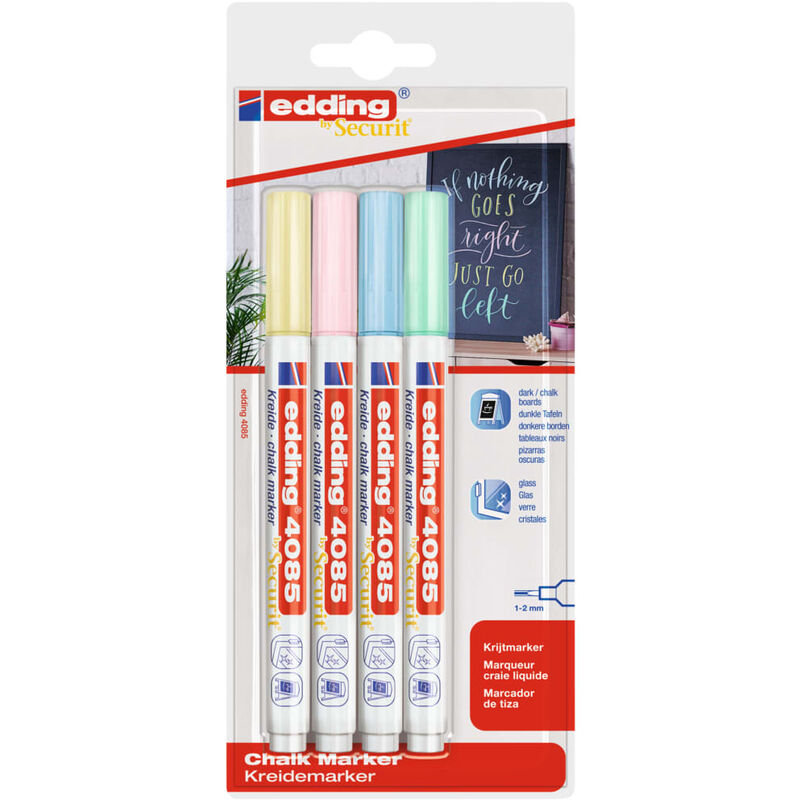 Edding 4085 Pastel Pack de 4 Rotuladores de Tiza Liquida - Punta Redonda - Trazo 1-3mm - Olor Neutro - Colores Azul, Verde, Amarillo y Rosa Pastel