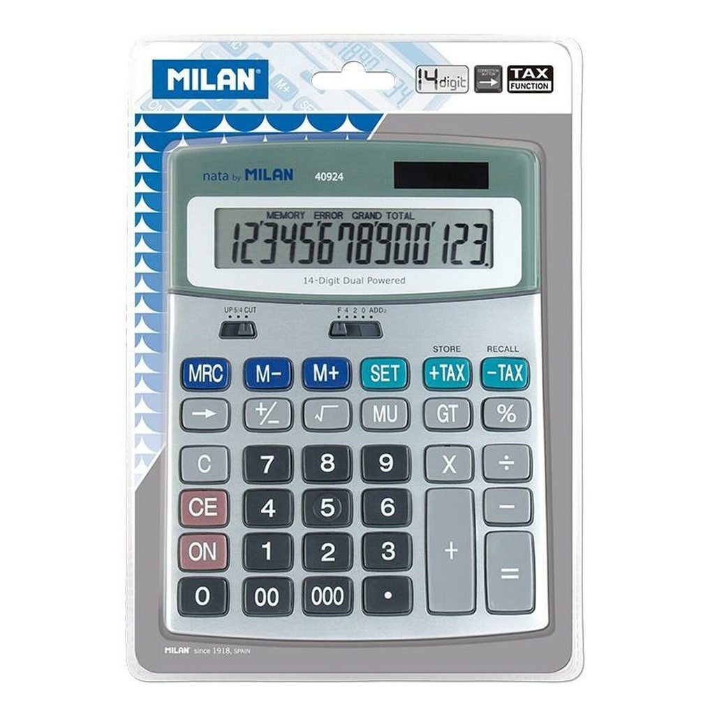 Milan Calculadoras de 14 Digitos - 3 Teclas de Memoria - Funcion Impuestos - Calculo de Margenes - Color Gris