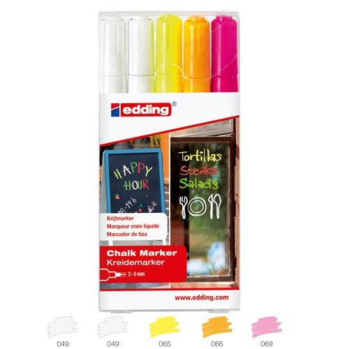 Edding 4095 Pack de 5 Rotuladores de Tiza Liquida - Punta Redonda - Trazo 2-3mm - Olor Neutro - Colores Blanco x2, Amarillo, Naranja y Rosa