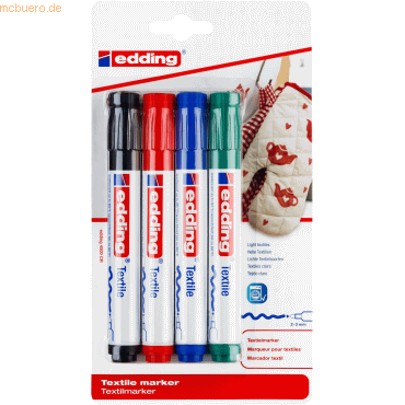 Edding 4500 Pack de 4 Rotuladores Permanentes para Textil - Punta Redonda - Trazo 2-3mm - Olor Neutro - Secado Rapido - Colores Negro, Verde, Rojo y Azul