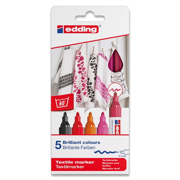 Edding 4500 Basicos Pack de 5 Rotuladores Permanentes para Textil - Punta Redonda - Trazo 2-3mm - Olor Neutro - Secado Rapido - Colores Negro, Verde, Amarillo, Rojo y Azul