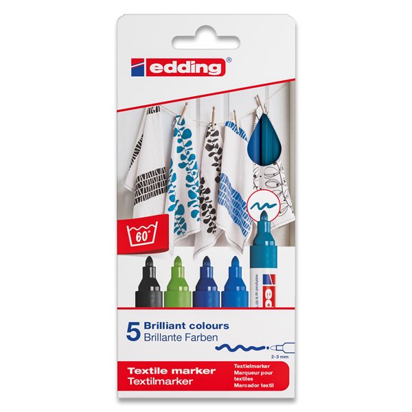 Edding 4500 Colores Frios Pack de 5 Rotuladores Permanentes para Textil - Punta Redonda - Trazo 2-3mm - Olor Neutro - Secado Rapido - Colores Negro, Azul, Azul Claro, Azul Oriental y Verde Claro