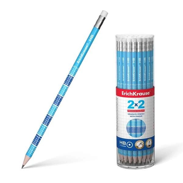 Erichkrause 2x2 Lapiz de Grafito HB con Goma de Borrar - Madera Seleccionada - Decorado con las Tablas de Multiplicar - Facil Afilado - Color Azul