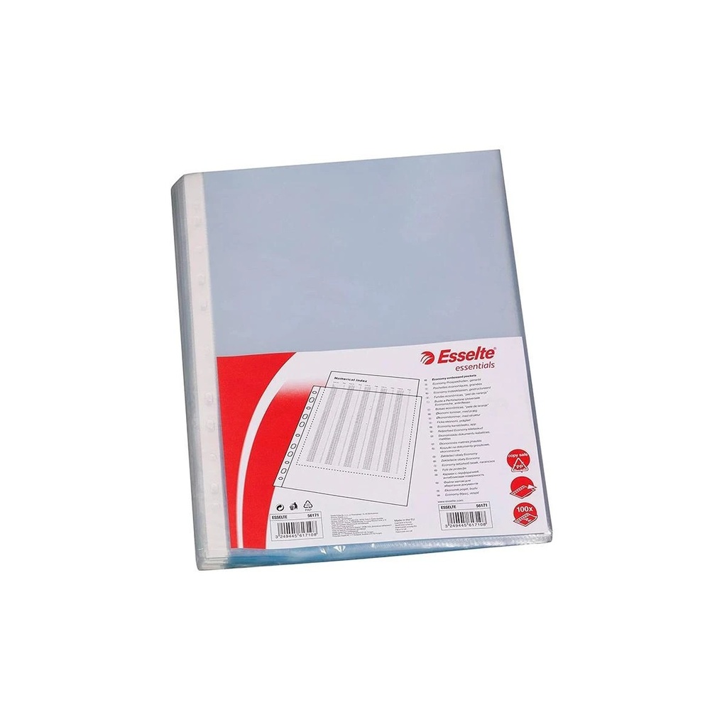 Esselte Pack de 100 Fundas Multitaladro Portadocumentos - Formato A4 - 16 Taladros - 80 Micras - Piel de Naranja - Color Transparente
