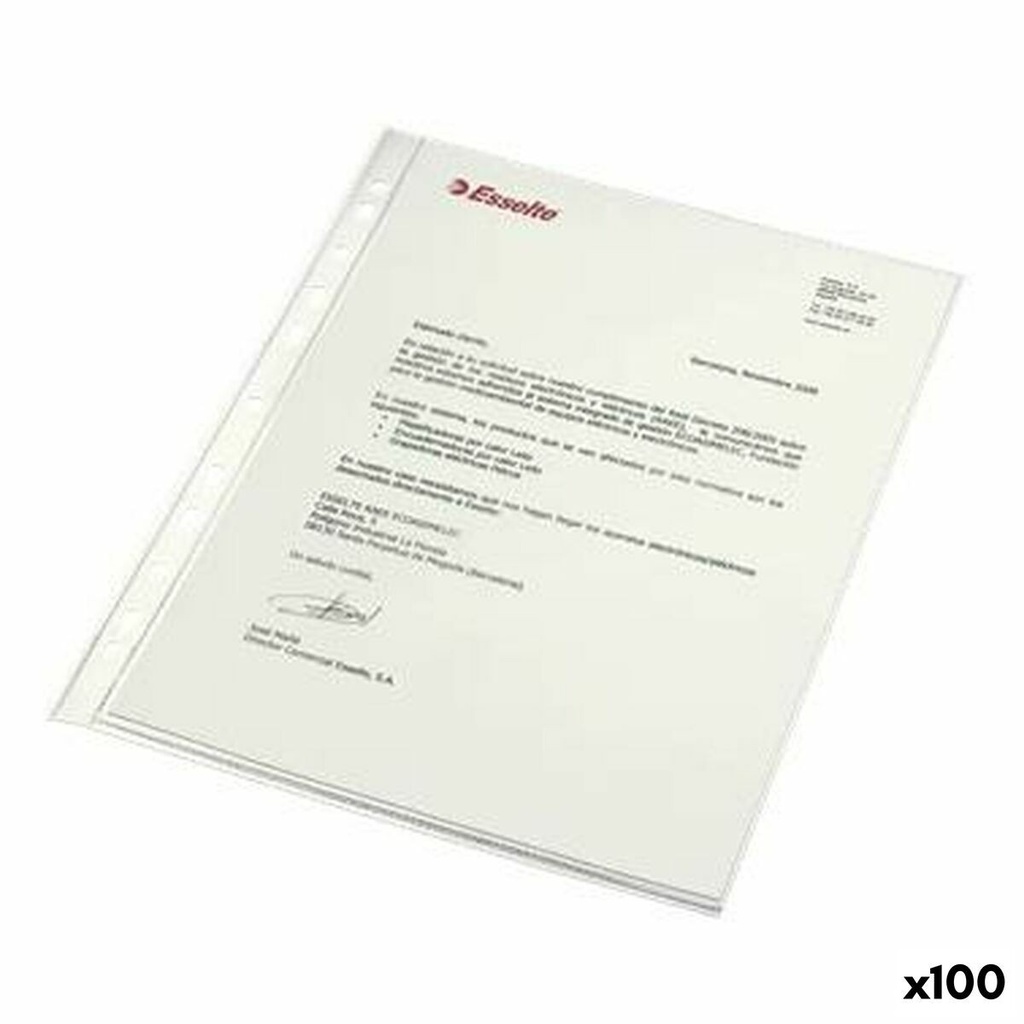 Esselte Pack de 100 Fundas Multitaladro Portadocumentos PP - Formato A4 - Calidad Luxe Cristal Liso Extra - 11 Taladros - Transparente