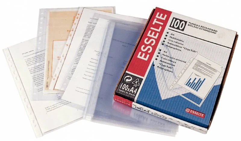 Esselte Pack de 100 Fundas Porta Documentos A4 PP Multitaladro 80 Micras - 11 Taladros - Calidad Estandar - Textura Cristal Liso Transparente
