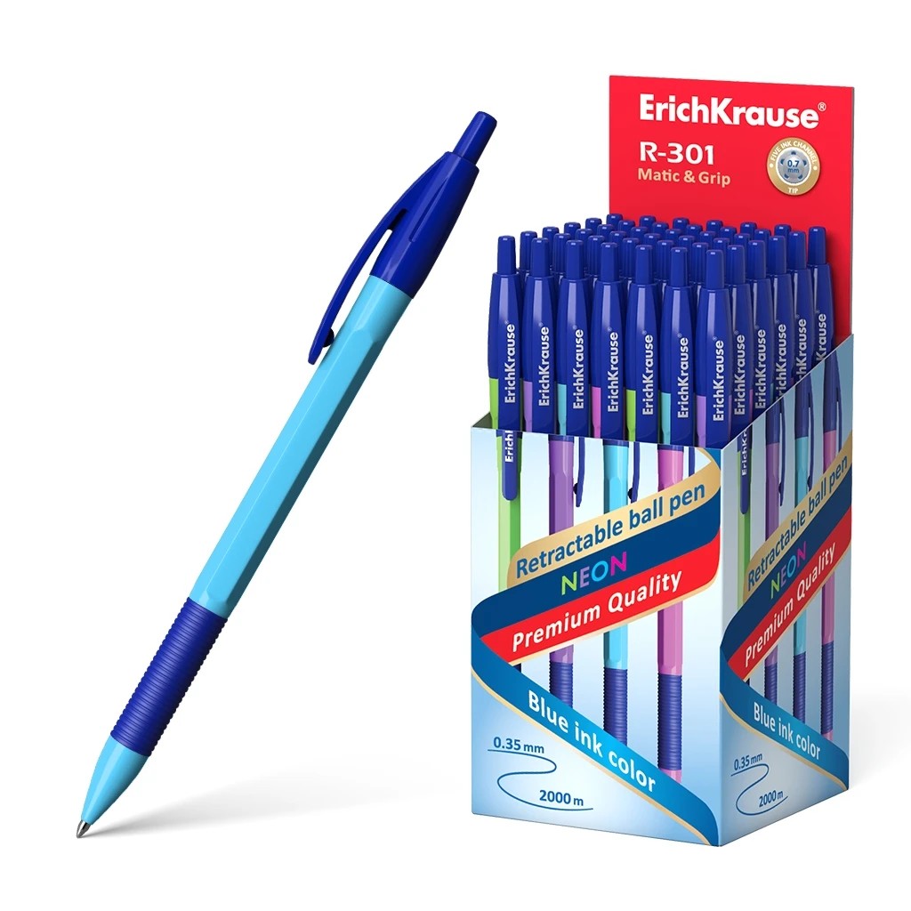 Erichkrause R-301 Neon Matic&Grip Boligrafo Retractil - Punta de 0.7mm - Trazo 0.35mm aprox. - Tinta de Secado Rapido - Cuerpo Hexagonal en Colores Surtidos - Color Azul