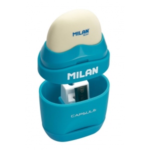 Milan Capsule Expositor de 16 Afilaborras - Cuchilla de Acero - Goma de Borrar - Cuchilla de Seguridad - Colores Surtidos