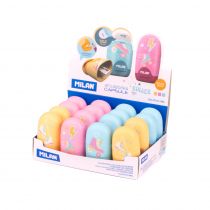 Milan Capsule Roller Expositor de 16 Afilaborras Capsule con Goma de Borrar - Cuchilla de Seguridad - Colores Azul, Rosa y Amarillo