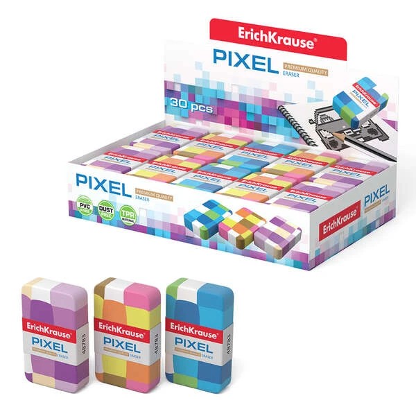 Erichkrause Pixel Goma de Borrar Suave de Forma Clasica - Fabricada de Caucho Termoplastico - Sin PVC - Colores Surtidos