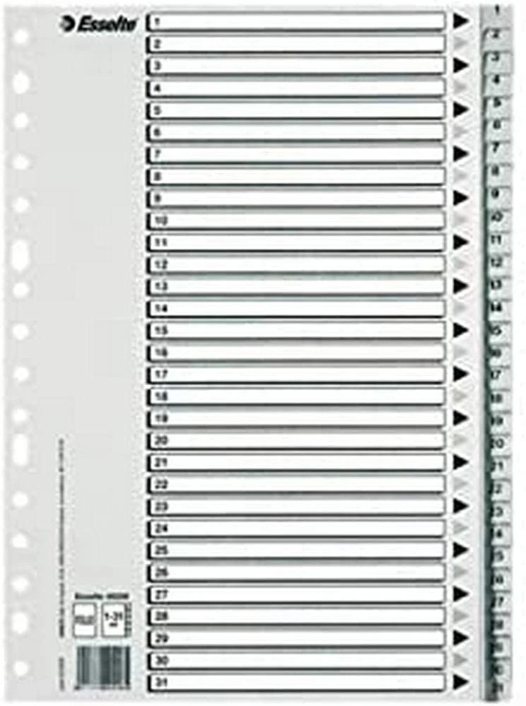 Esselte Bolsa de 25 Indices Numericos de Plastico - Pestañas 1 al 31 - Multitaladro - Formato A4 - Color Gris