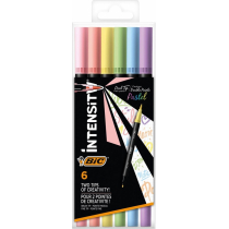 Bic Intensity Dual Tip Pastel Pack de 6 Rotuladores Doble Punta - Punta de Pincel + Punta Fina - Tinta con Base de Agua - Colores Pastel Surtidos