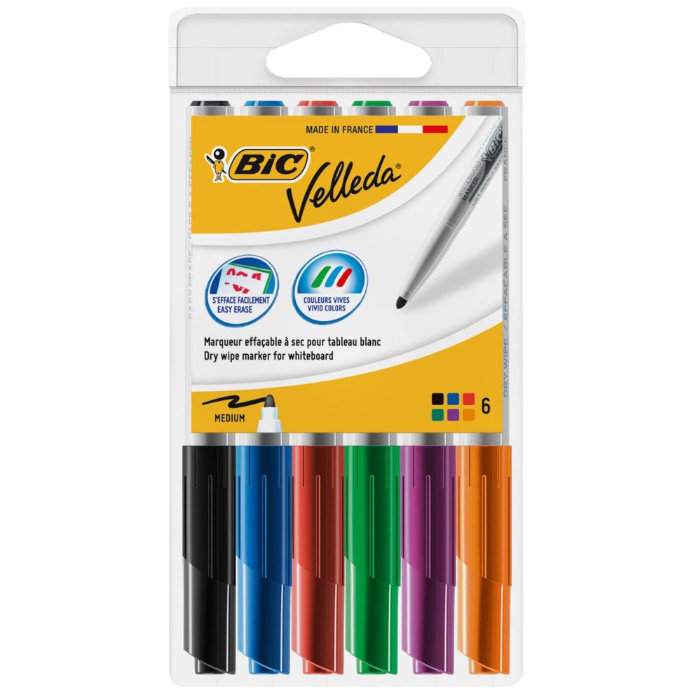Bic Velleda 1741 Pack de 6 Rotuladores para Pizarra - Punta media - Trazo de 1.4mm - Borrado Optimo - Colores Surtidos
