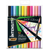 Bic Intensity Dual Tip Pack de 12 Rotuladores Doble Punta - Punta de Pincel + Punta Fina - Tinta con Base de Agua - Colores Clasicos y Pastel Surtidos