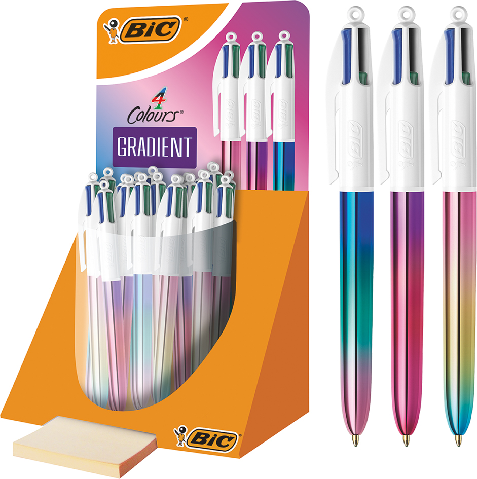 Bic 4 Colours Gradient Expositor de 30 Boligrafos de Bola Retractiles - Punta Media de 1.0mm - Tinta con Base de Aceite - Cuerpo Blanco/Degradado Tricolor - 4 Colores