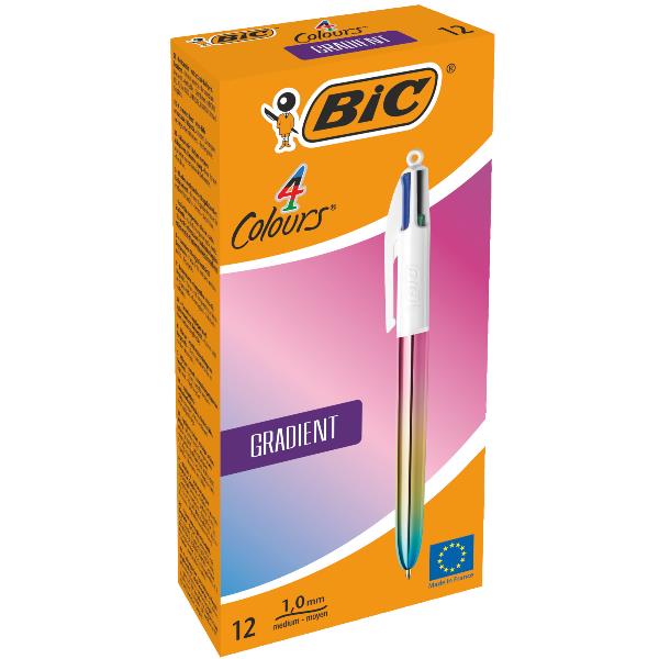 Bic 4 Colours Gradient Boligrafo de Bola Retractil - Punta Media de 1.0mm - Tinta con Base de Aceite - Cuerpo Blanco/Degradado Tricolor - 4 Colores