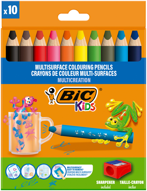 Bic Kids Multisuperficie Pack de 10 Lapices de Colores + Sacapuntas - Cuerpo Triangular - Minas Borrables en Superficies No Porosas - Colores Surtidos