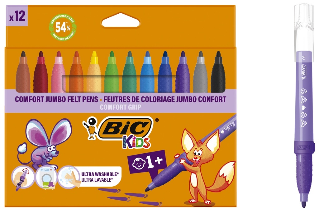 BIC Kids Comfort Jumbo Pack de 12 Rotuladores con Tinta Lavable - Facil de Limpiar - Agarre Antideslizante - Colores Surtidos