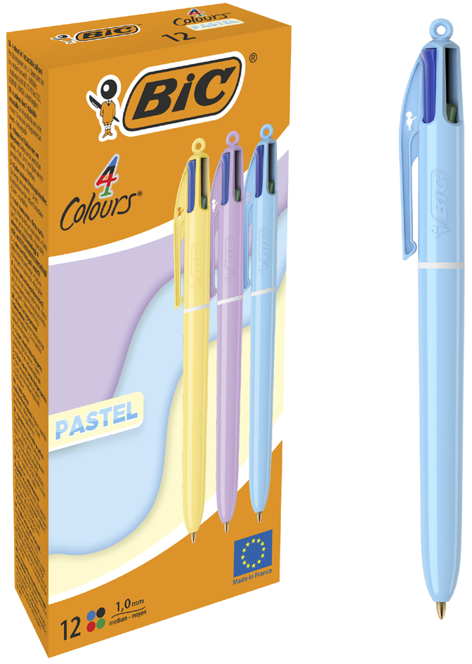 Bic 4 Colours Pastel Boligrafo de Bola Retractil - Punta Media de 1.0mm - Tinta con Base de Aceite - Cuerpo en Colores Pastel - 4 Colores