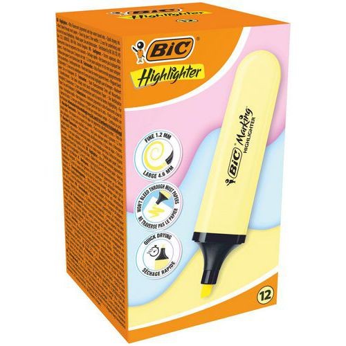 Bic Marking Highlighter Flat Marcador Fluorescente - Punta Biselada - Trazo entre 1.20 y 4.60 mm - Tinta con Base de Agua - Color Amarillo Pastel
