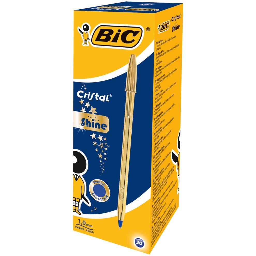 Bic Cristal Shine Boligrafo de Bola - Punta Media de 1.0mm - Tinta con Base de Aceite - Elegante Cuerpo Dorado - Color Azul